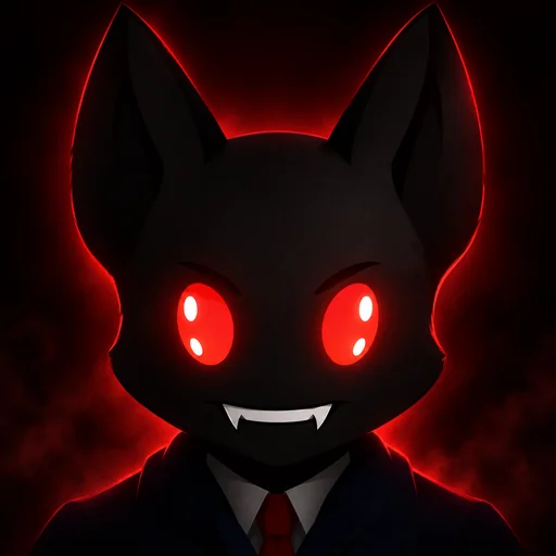 A 3D rendered VAMPS bat in a navy suit and red tie, glowing red eyes and fangs