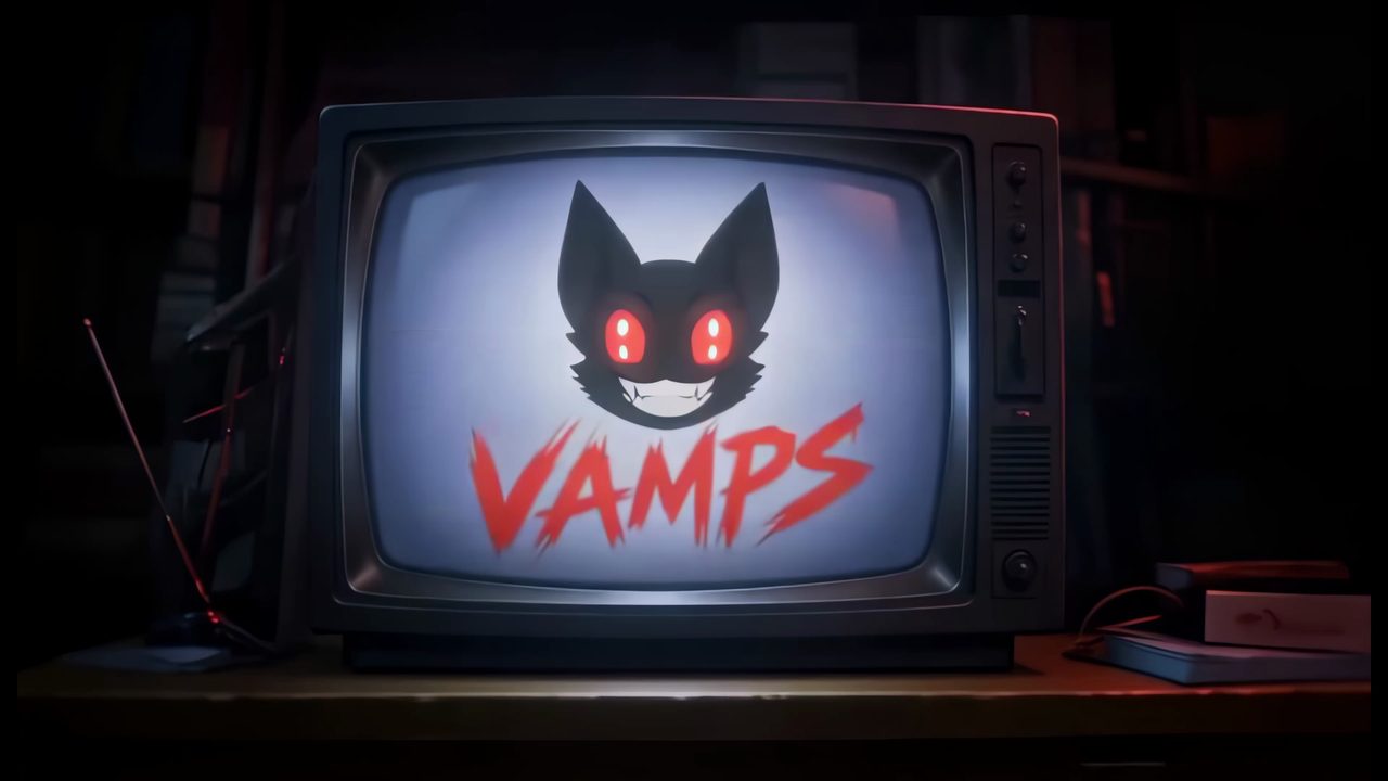 A glowing CRT TV showing the VAMPS bat logo
